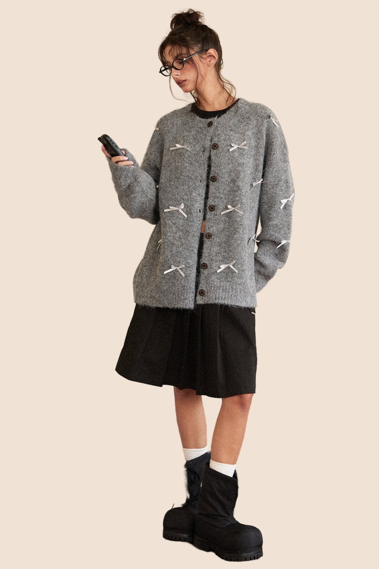 니트 리본 디자인 레트로 가디건