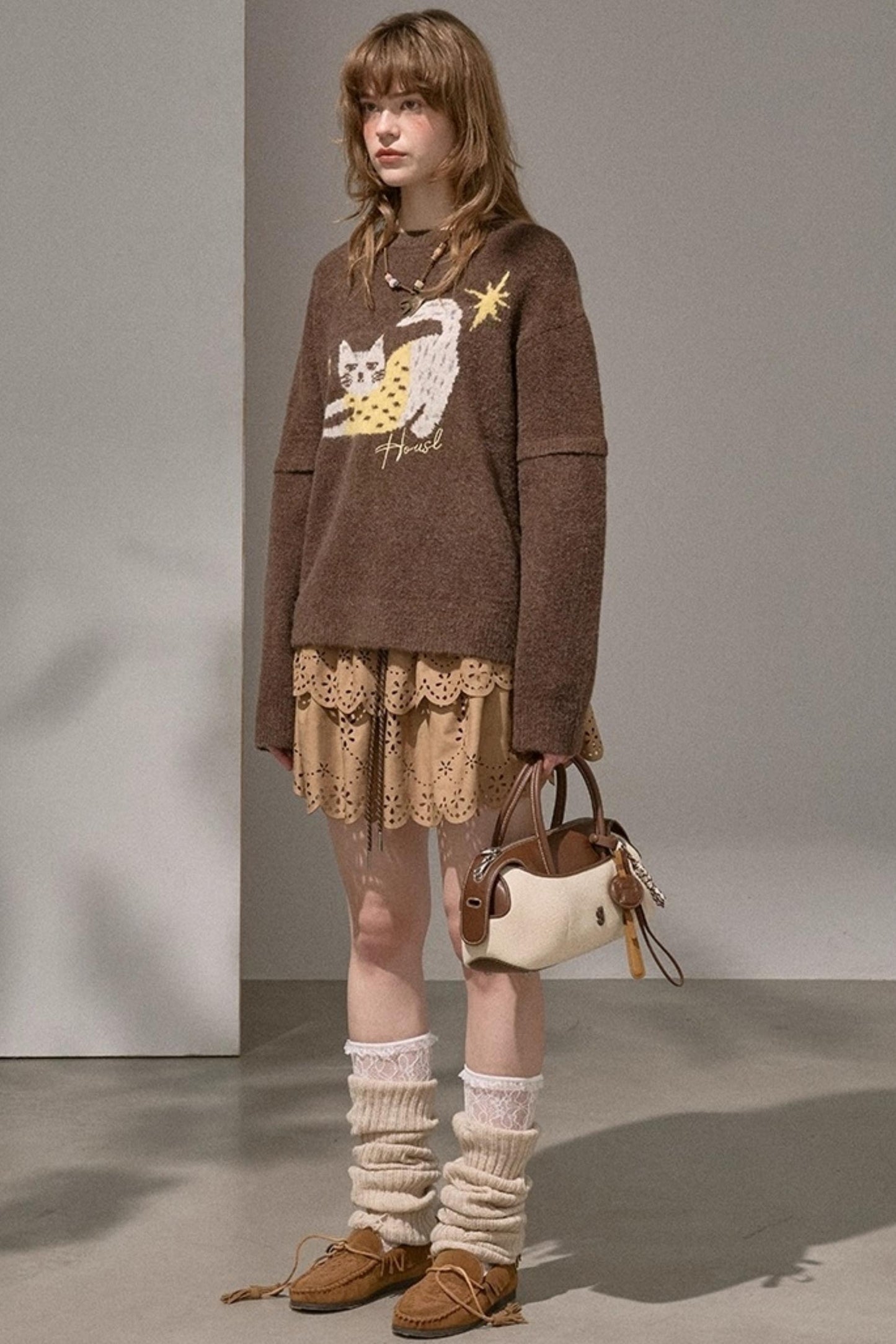 Cute Kitten Crew Neck Knit Sweater