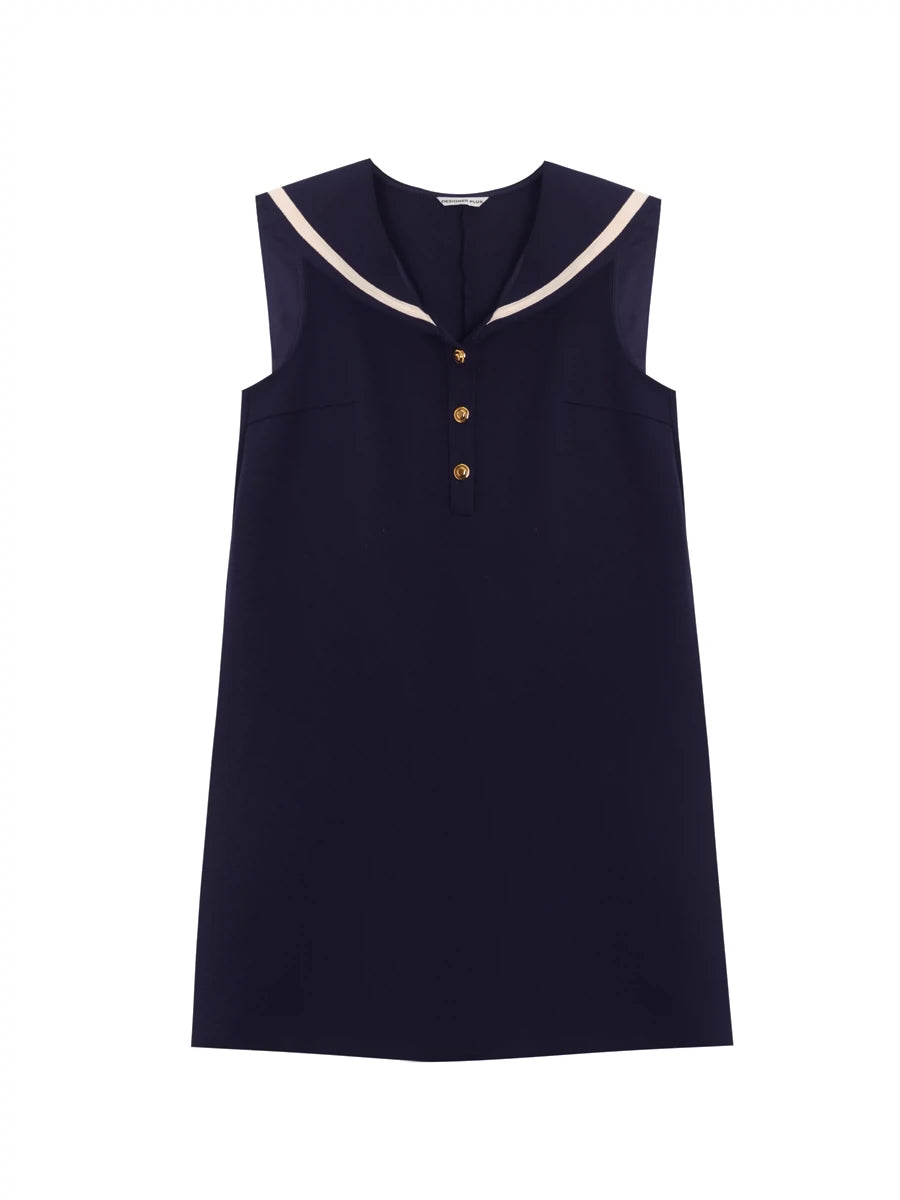 Designer Navy Shawl Collar A-Line Dress