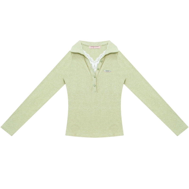 American Lace Polo Collar Knit Top