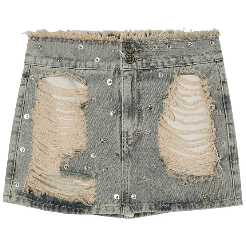 Denim Studded Jacket With Short Skirt Set-Up