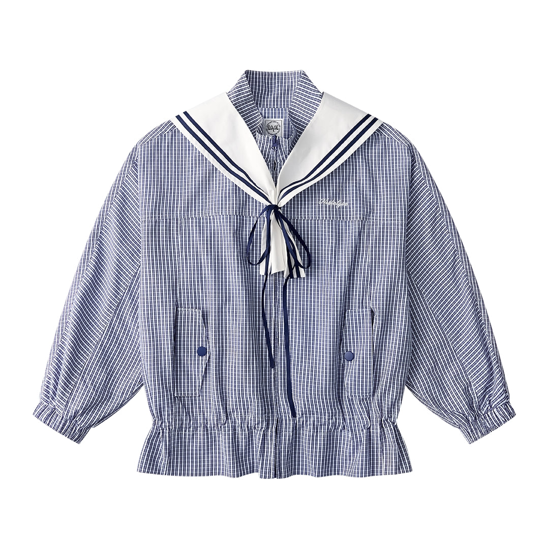 Navy Collar Plaid Jacket Set-Up