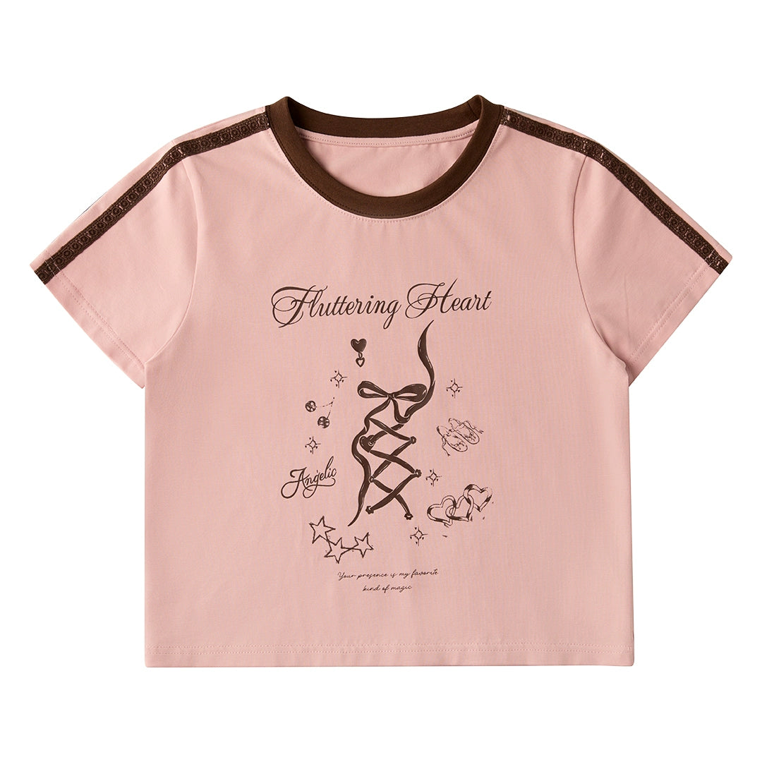 White Bow Letter Print Contrast T-Shirt