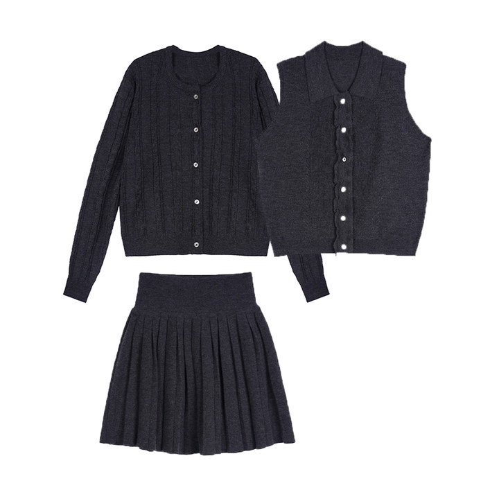 Fungus Spliced Knitwear & Skirt 3-Piece Set