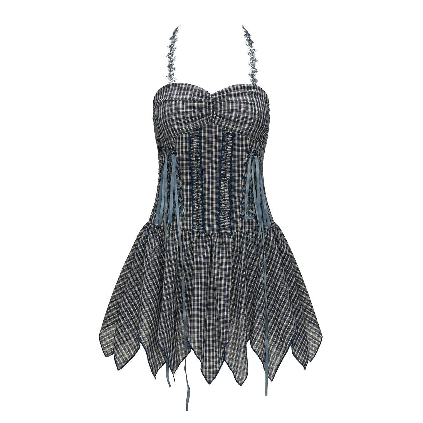 Blue Check Lace Slip Dress