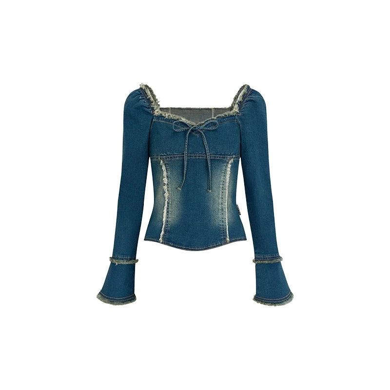 Denim One-Shoulder Raw Edge Top