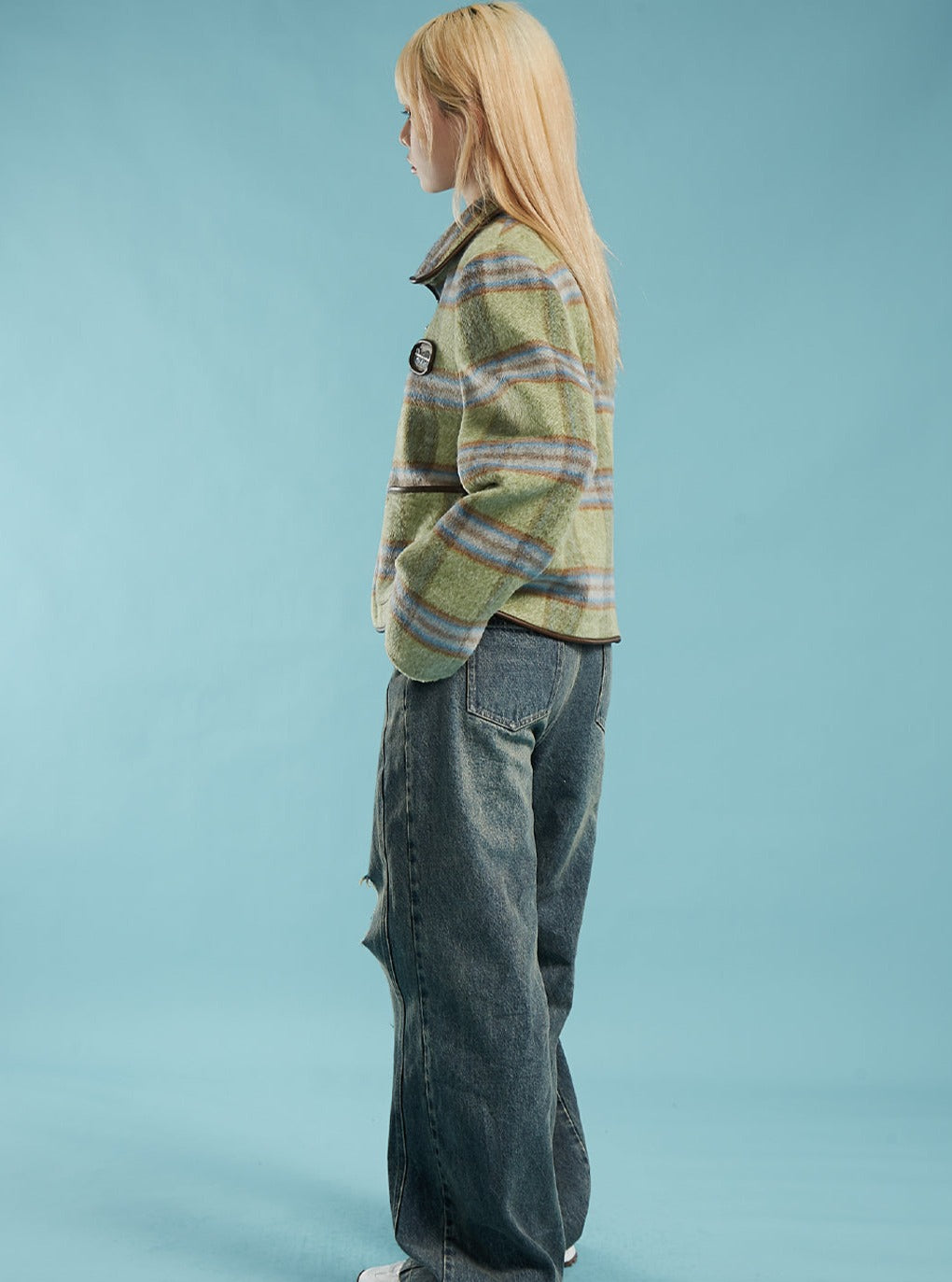 레트로 녹색 격자 무모한 짧은 코트