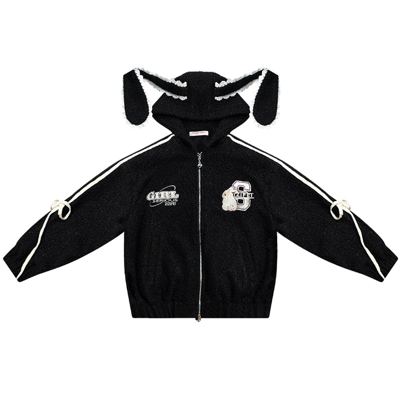 Rabbit Ears Hooded Black Tweed Jacket
