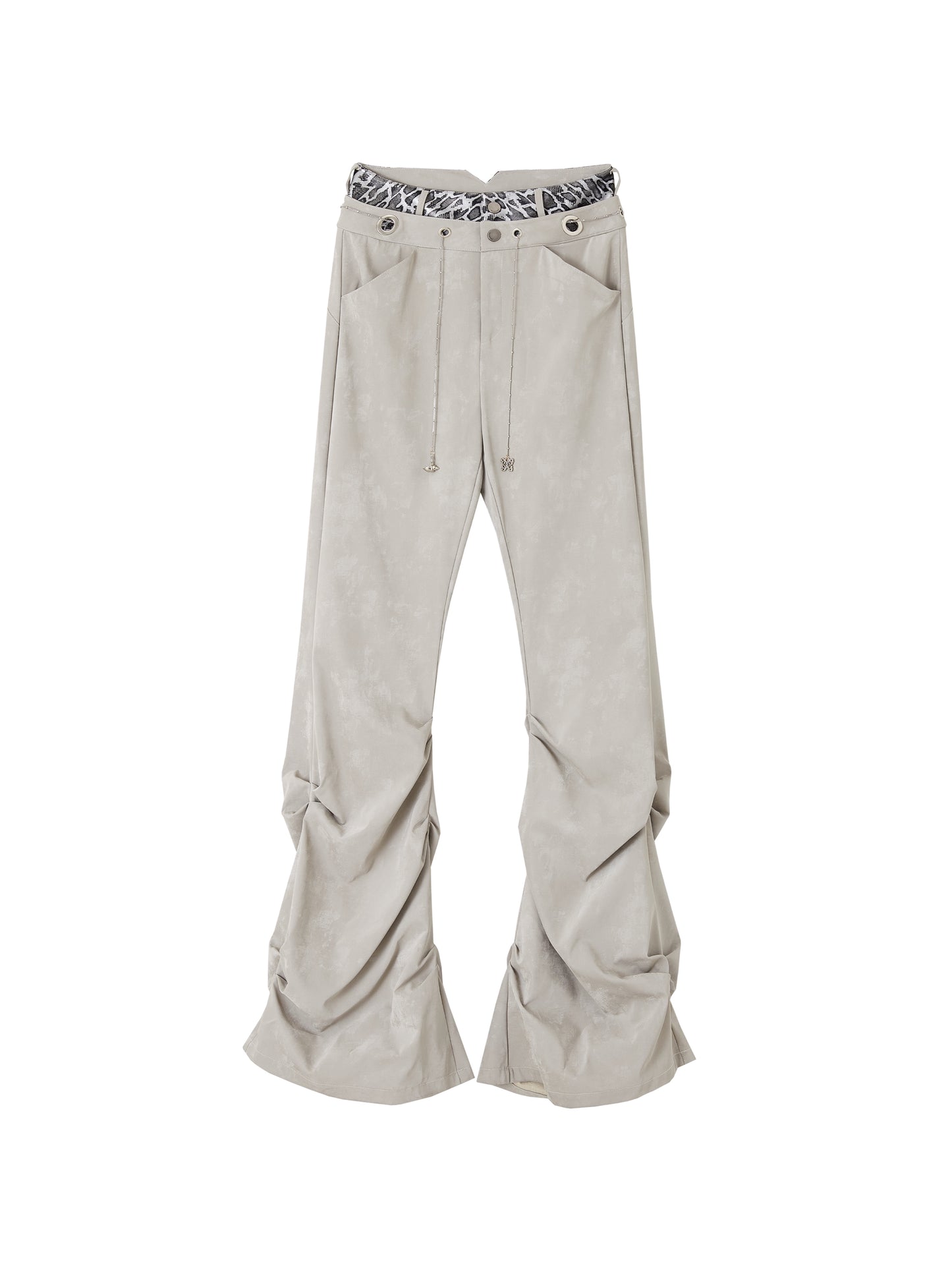 광택이 나는 가죽 주름 플레어 팬츠