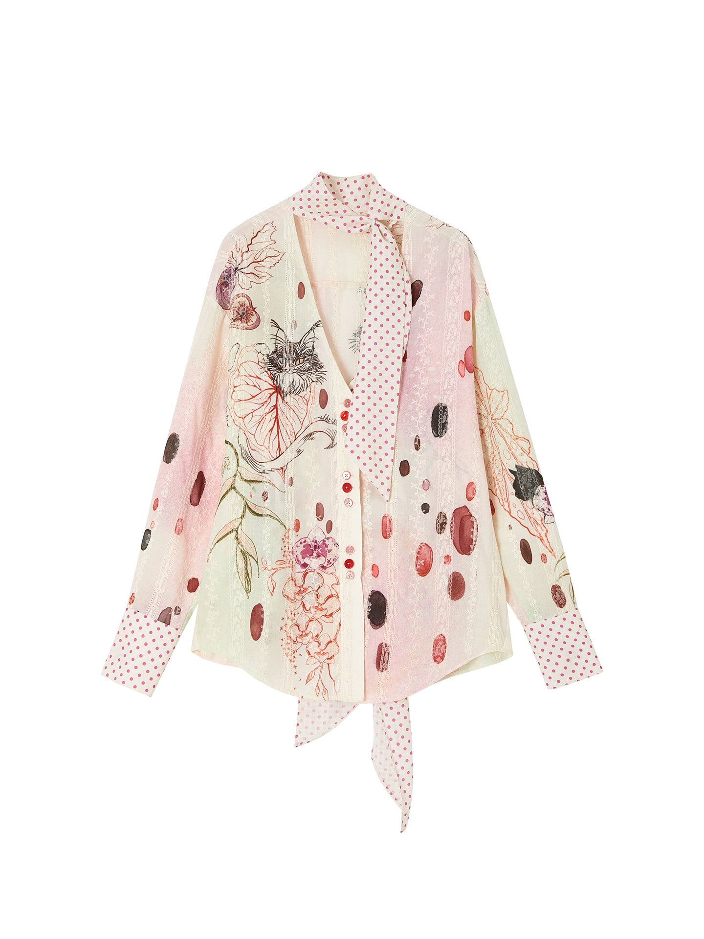 Watercolor Cat Polka Dot Lace-Up Shirt