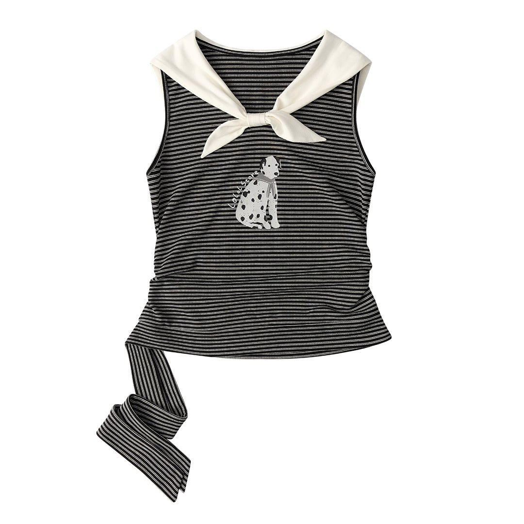 Puppy Print Bow-Striped Navy Tank Top