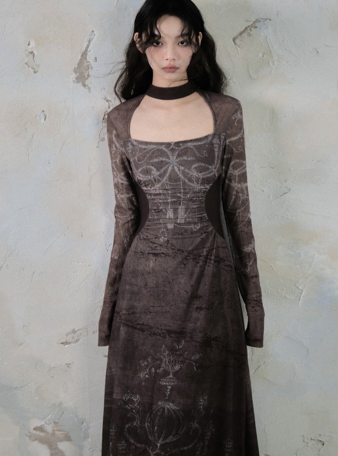 빈티지 프린트 슬림 허리 긴 드레스