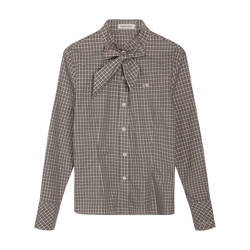 Original Plaid Embroidered Lace-Up Long Sleeve Shirt