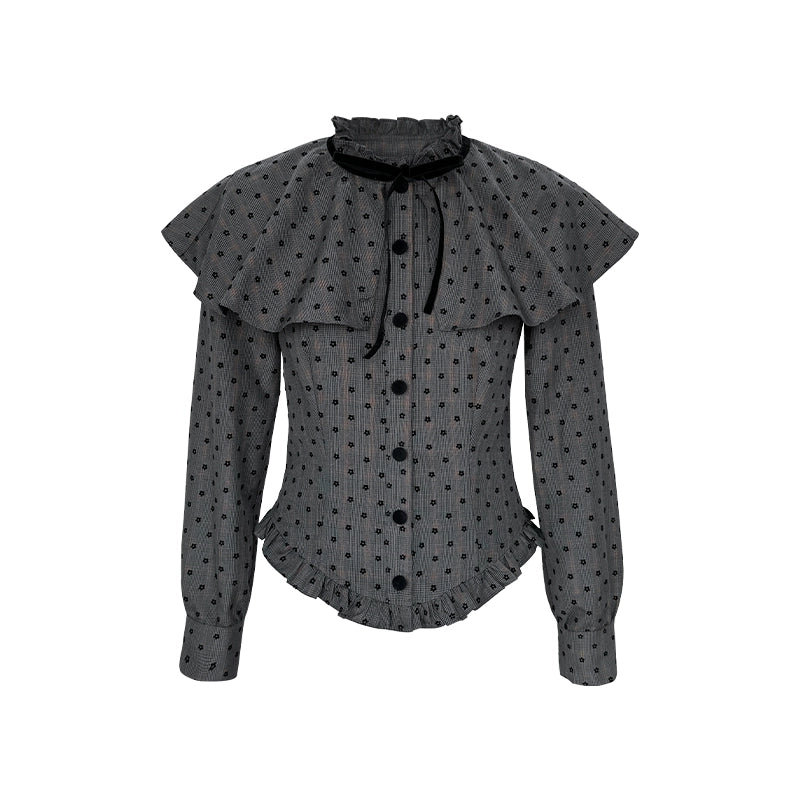 Plaid Velvet Floral Cape Blouse