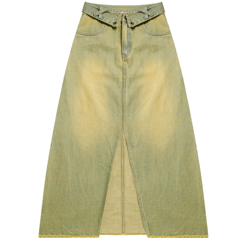 프론트 슬릿 데님 미디 스커트