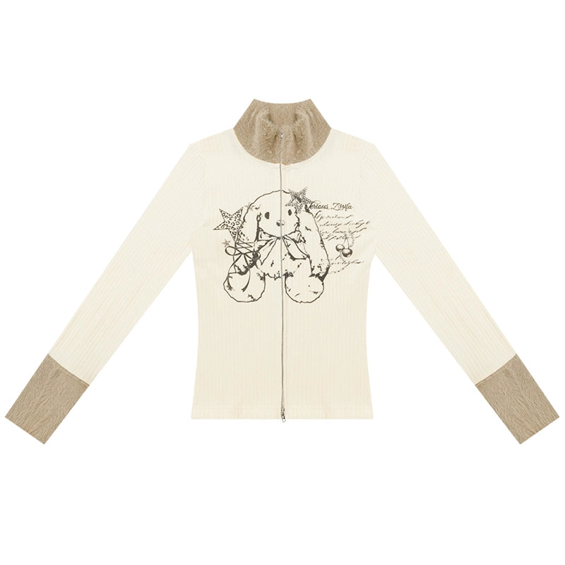 Fur Collar Zipper Rabbit Print Turtleneck Knitted Top