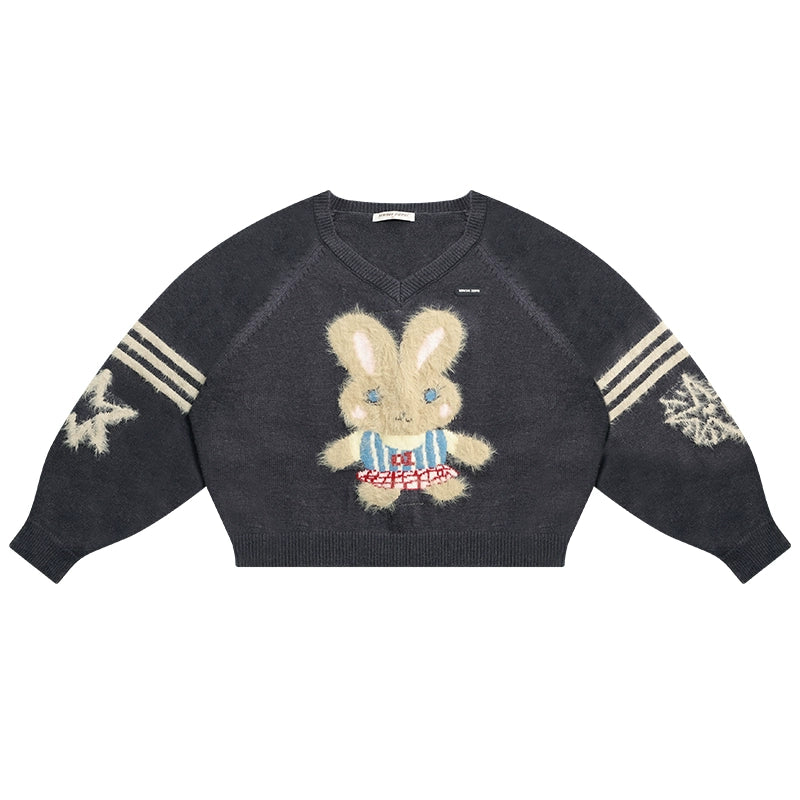 Pull de Noël en V avec lapin en peluche