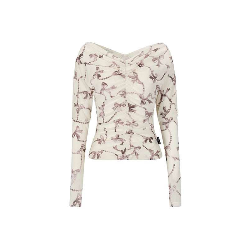 디자인 주름 원숄더 긴 소매 탑