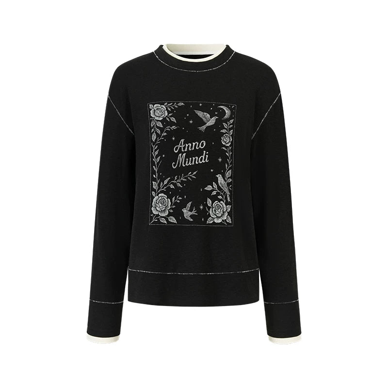 Embroidered Rose Color-Block Blouse