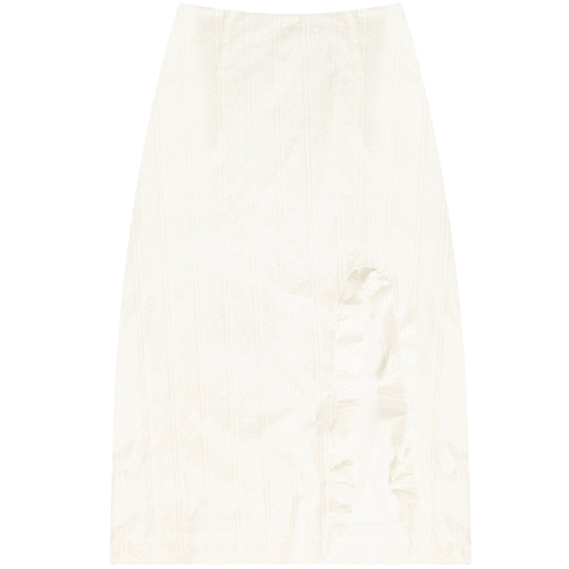 High-Waisted Ruffle Lace Midi Skirt