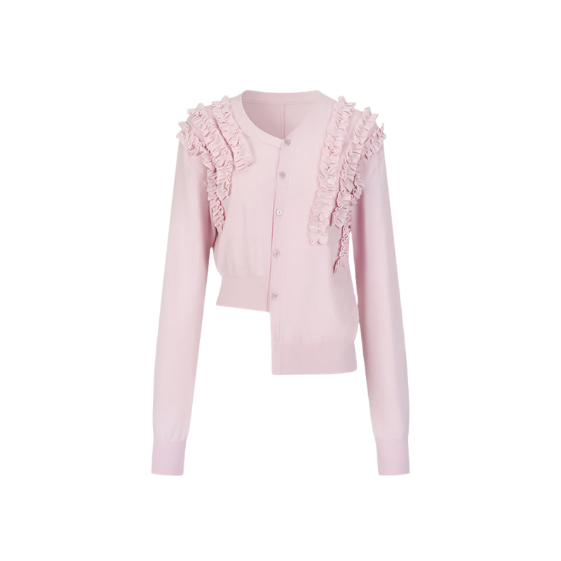 Pleated Design Lace Knit Wool Cardigan