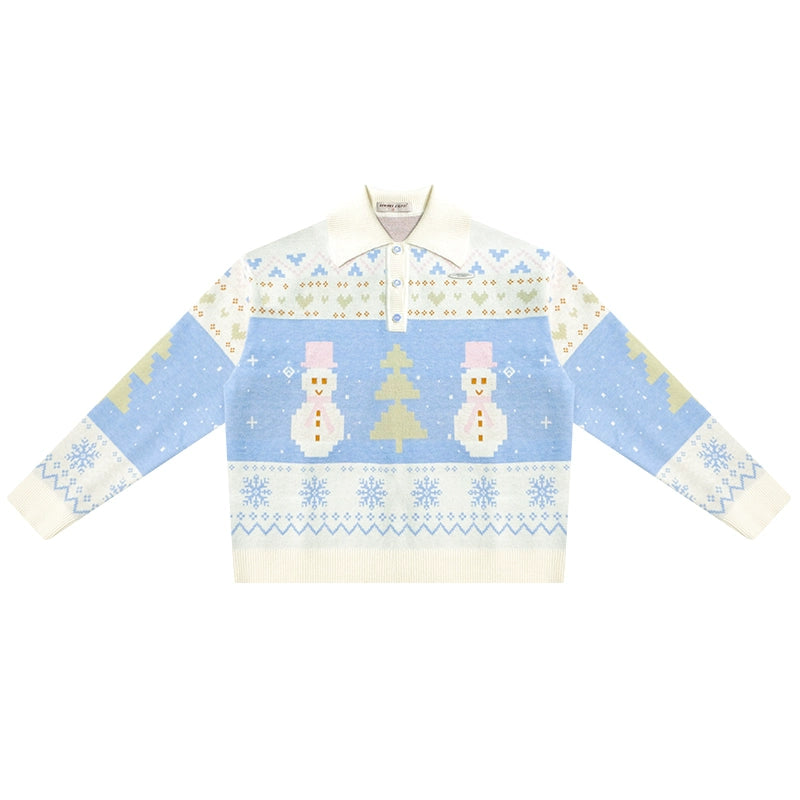 Retro-Kontrast-Schneemann-Polo-Hals-Pullover