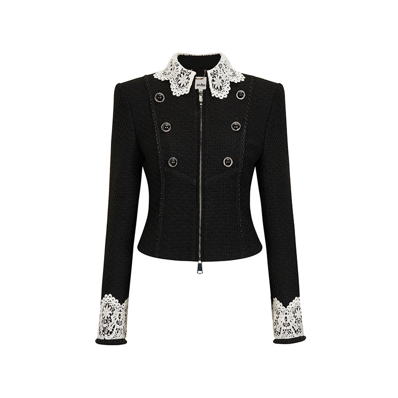 French black and white lace collar short coat set