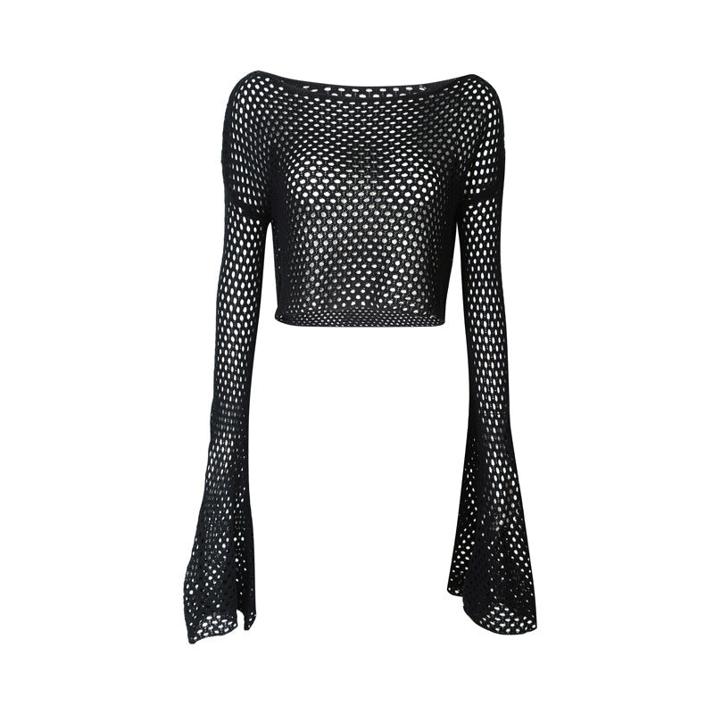 블랙 크롭 피쉬넷 숄더 탑