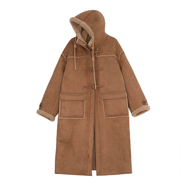 Suede hooded long lambswool coat
