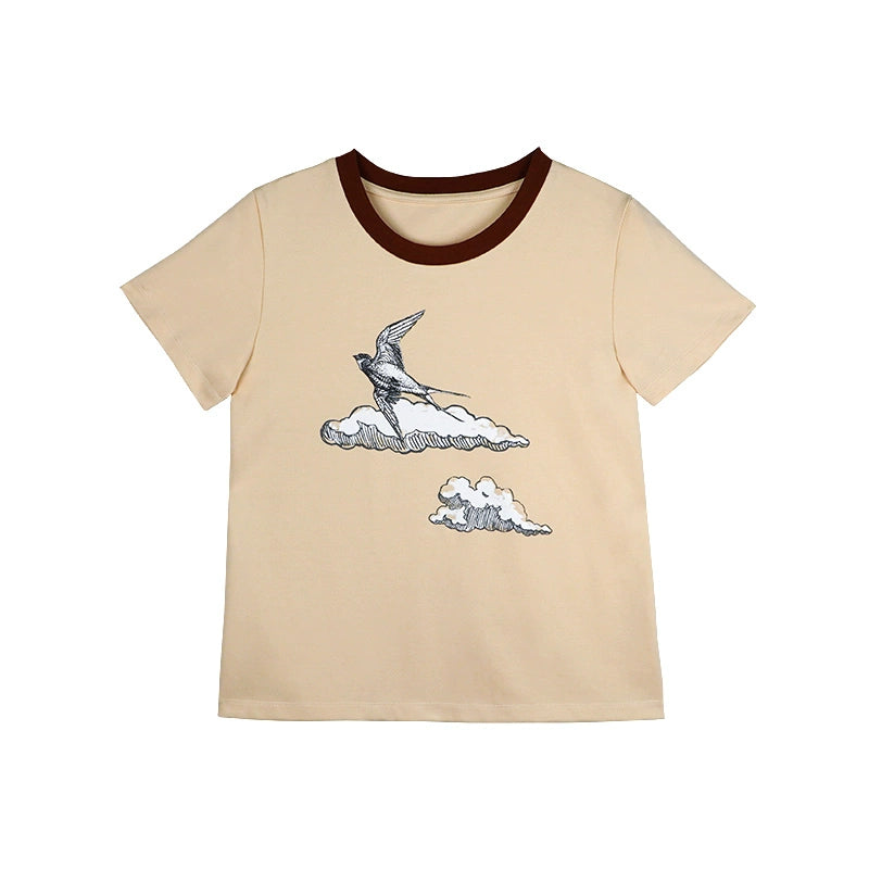 제비 프린트 슬림 코튼 티셔츠