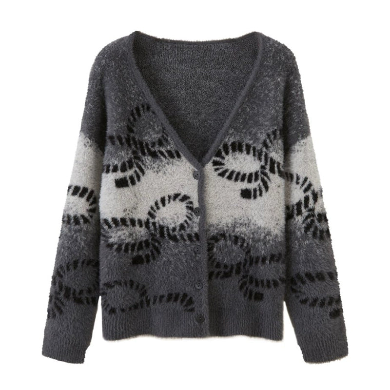 Bow Gradient V-Neck Knitted Cardigan