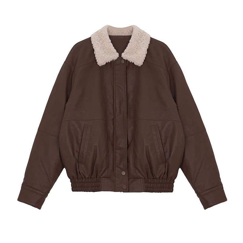 PU fur collar stitching loose leather jacket