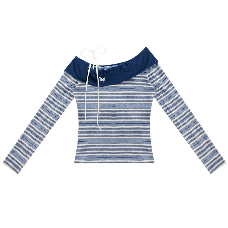 Dark Blue Stripe One-Shoulder Shirt