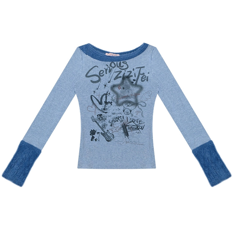 Patchwork Plush Crew Neck Knitted Base Shirt