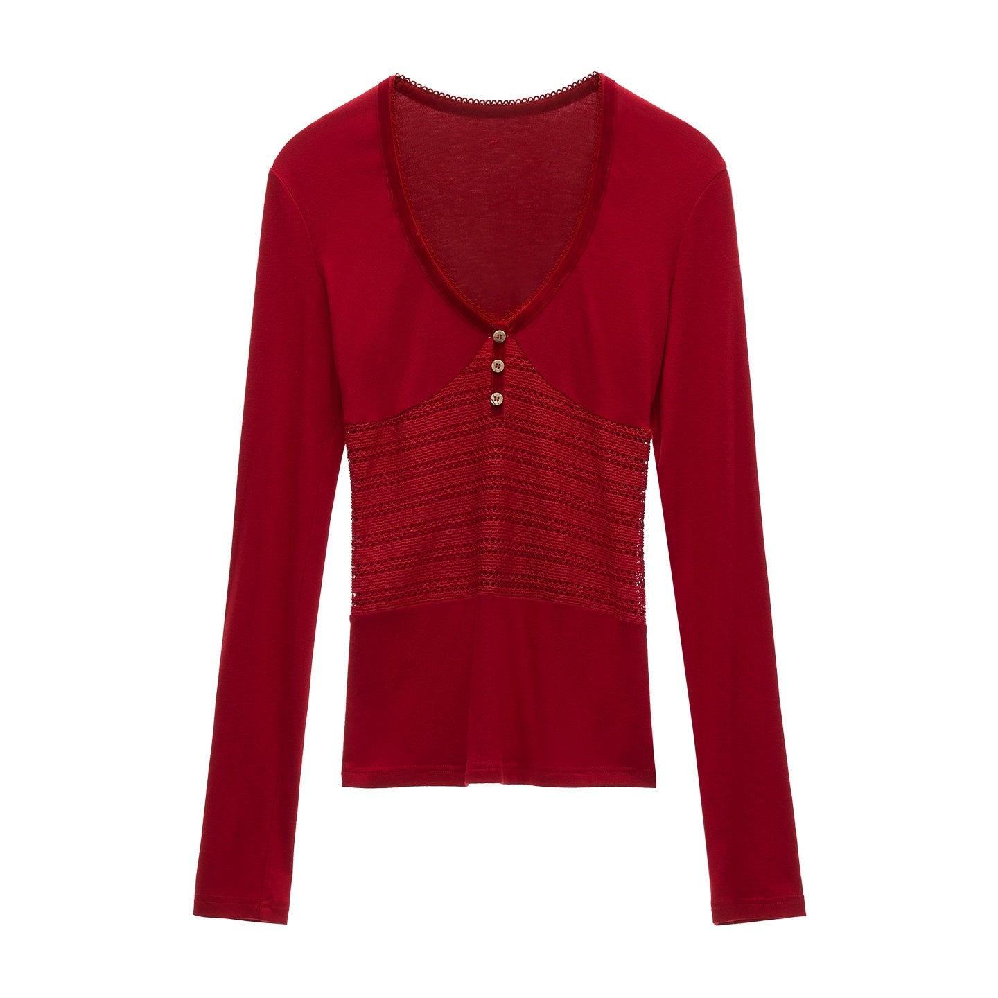 Patchwork V-Neck Long-Sleeved T-Shirt