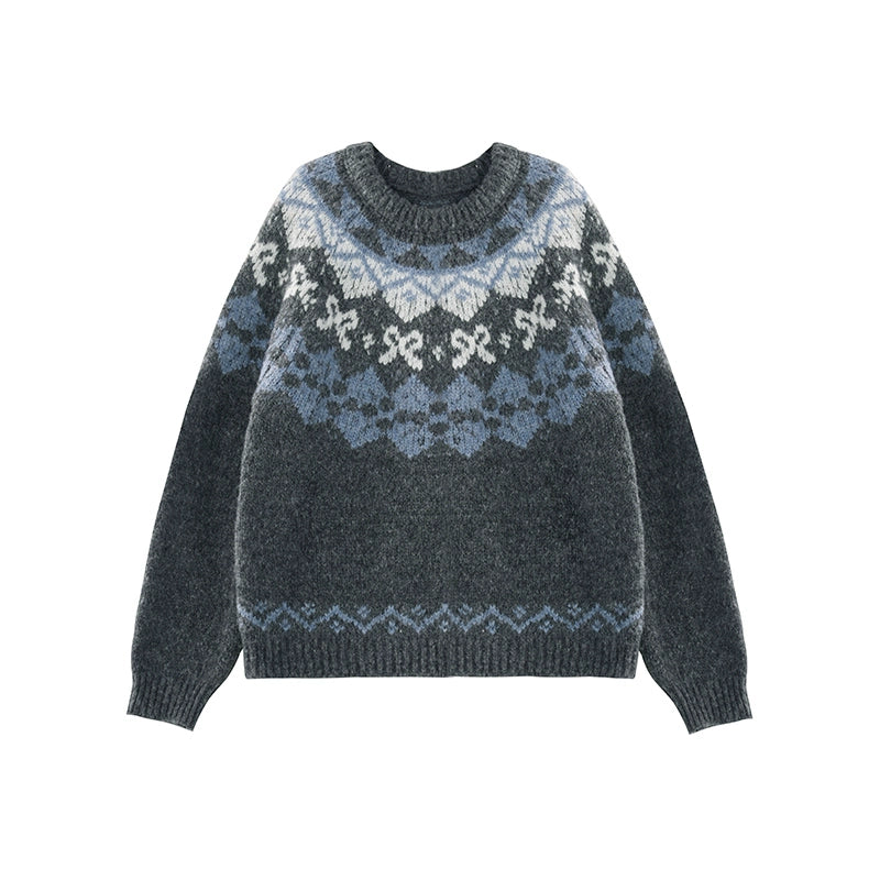 크루 넥 울 대조 리본 니트 스웨터