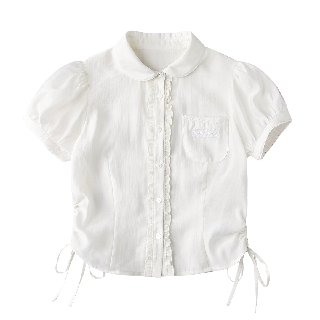 Ruffled Puff Sleeve Doll Neck Tencel Shirt