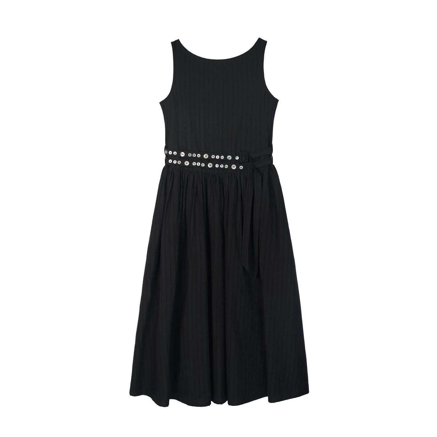 쉘 벨트 슬리브리스 미디 드레스