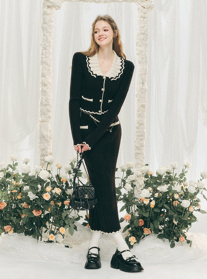 니트 가디건 및 힙 스커트 세트