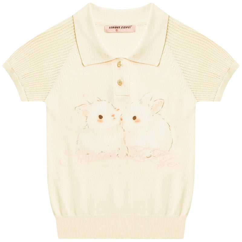 Rabbit Print Cut-Out Polo T-Shirt
