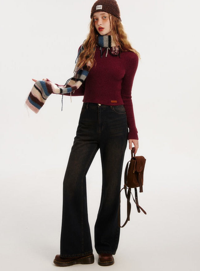 빈티지 반쯤 큰 크루 넥 슬림 한 니트 크롭 탑