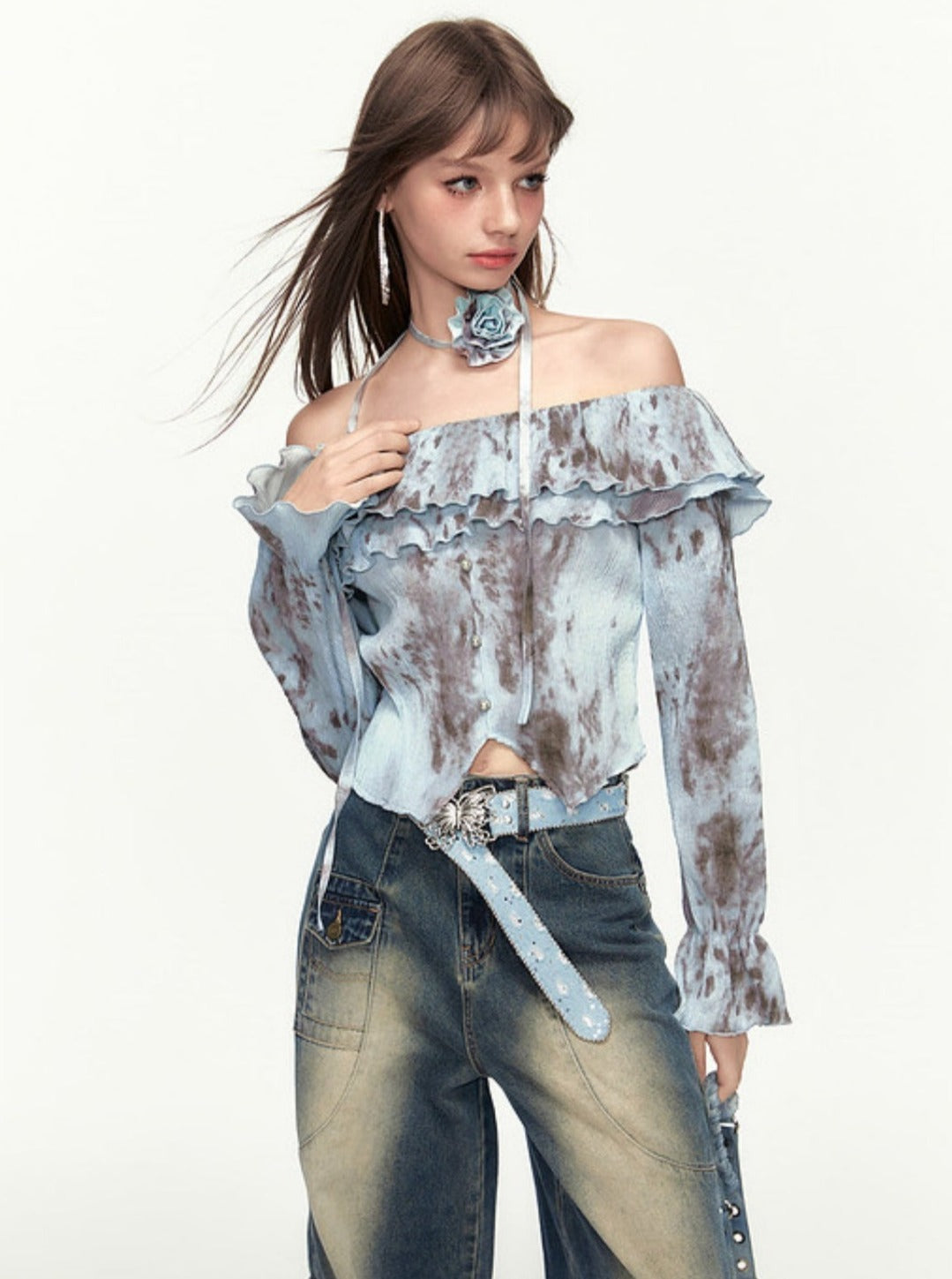 Ruffle Edge Tie Dye Long Sleeve Top