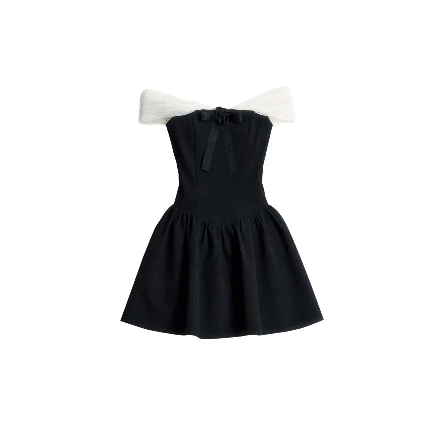 Vestido con hombros descubiertos en colores contrastantes