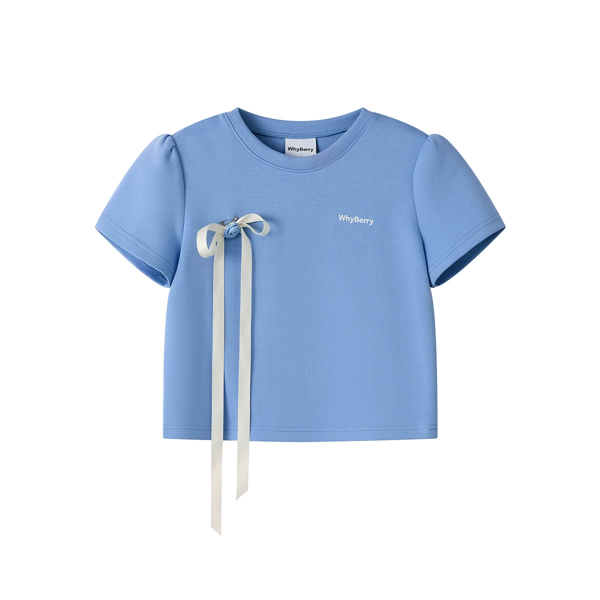 리본 디테일 레터 프린트 티셔츠