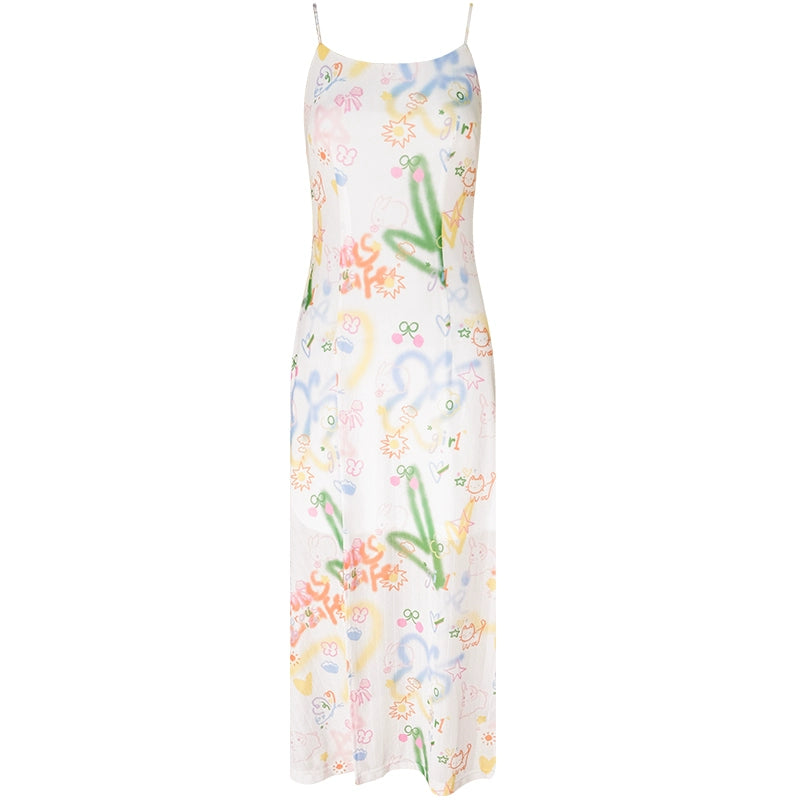 Retro Graffiti Print Slip Dress