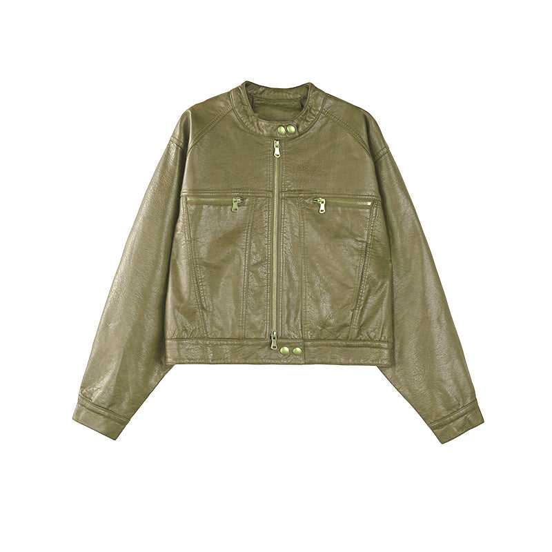 Brown Button-Up Short Leather Jacket