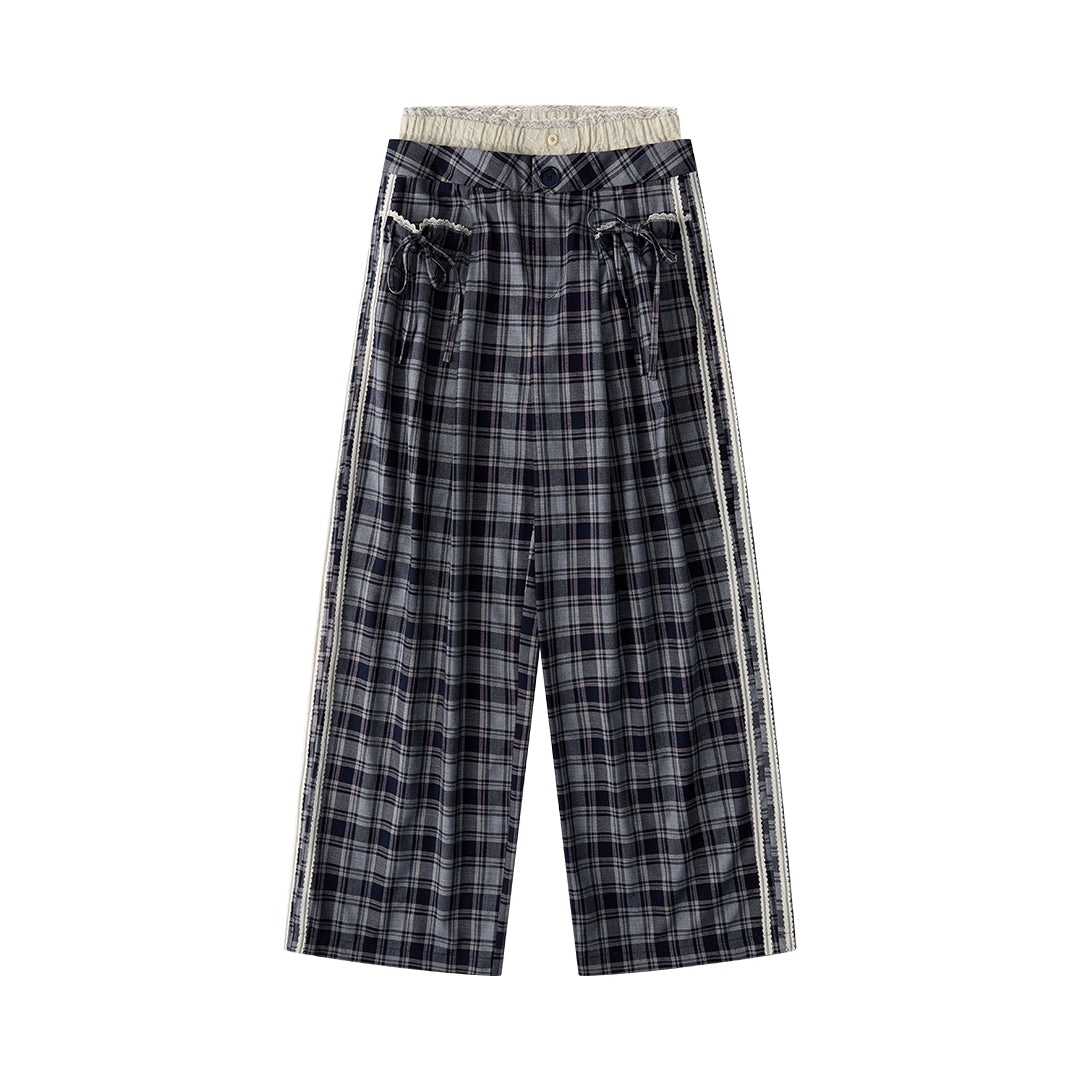 Chic Bow Tie Plaid Wide-Leg Trousers