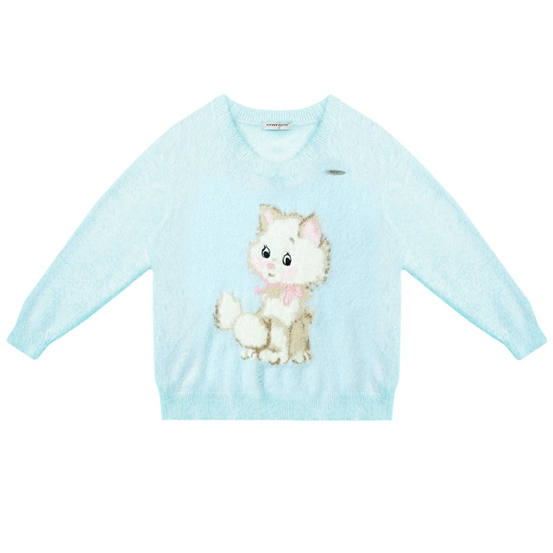 Pull V-Neck en Peluche Chat Rétro