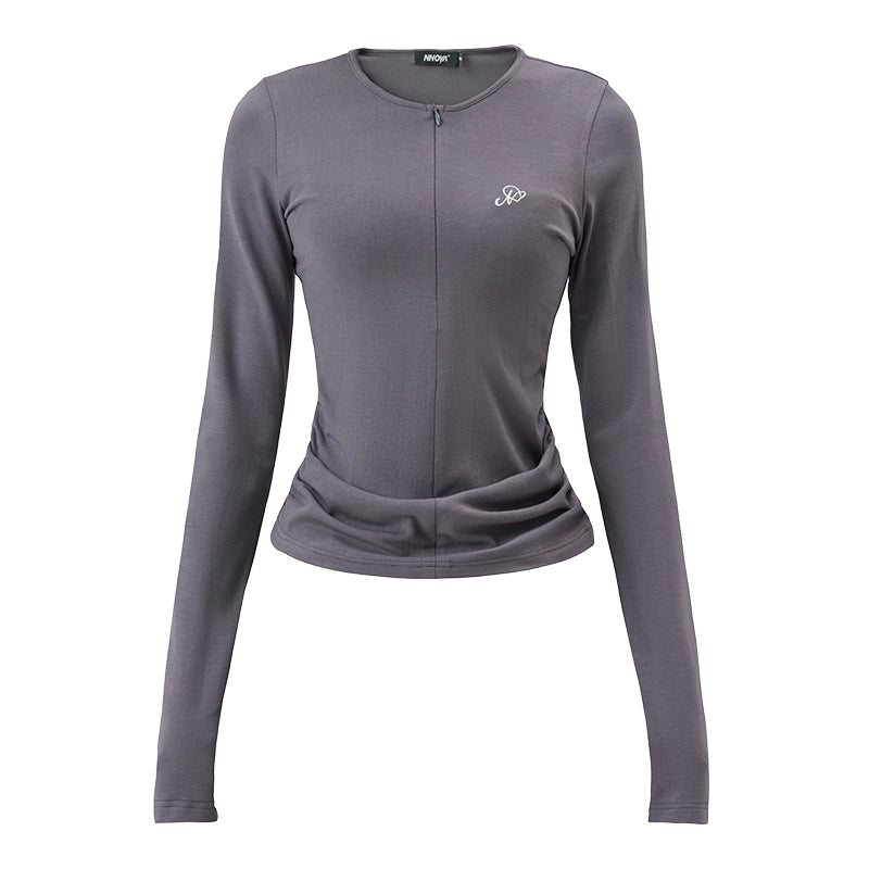 American Retro Round Neck Half-Pull Slim Top