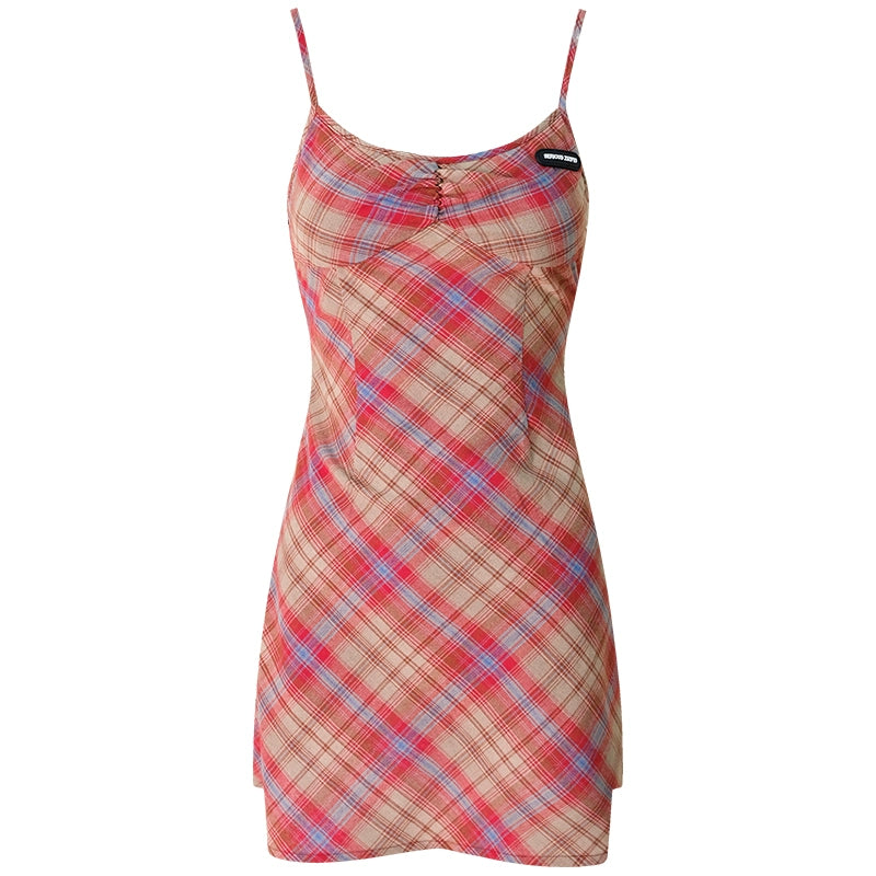 빈티지 체크 허리 조임 드레스